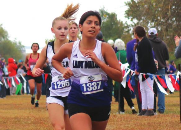 San Saba High School girls varsity Cross Country runner, Olivia Lusty, competes as a sophomore on November 24, 2020, during the 2A UIL State Cross Country Championship Meet held at Settlers Park in Round Rock. Photo by Martelle Luedecke (Luedecke Photography)