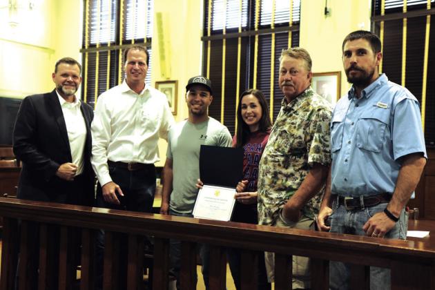 Mission San Saba Presentation (l-r) Judge Jody Fauley, Congressman August Pfluger, Jesse Hunt, Jamie Hunt, Jody Hunt, and Randy Weeks