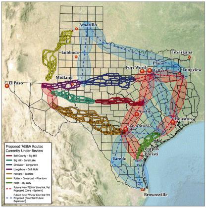 This map, known as the "bubble map," will be updated with a recent request by AEP for a new 765-kV line and other smaller lines, which are part of their "Panhandle Proposal." AEP's preferred 765 route runs from Bell County East, NW to near Abilene, to Childress, and the SE down to Dinosaur near Grandbury. Permission to publish by Kevin Kennedy