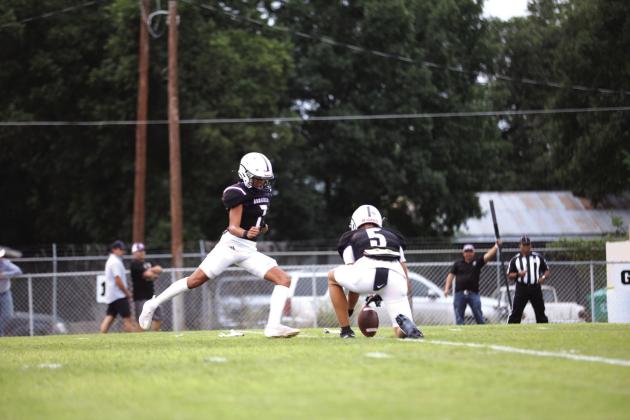 #7 Brandon Gonzales attempts extra point for San Saba.