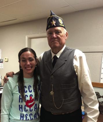 Adjutant Ross Cox, Sr. of Post No. 27 greets Jamie Hunt of the HCCAA. Jamie spoke on the mission and services of the organization. Both organizations share the same meeting location at the San Saba Senior Center.