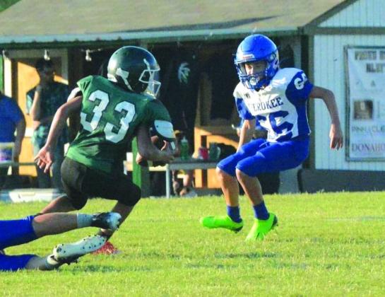 Shown here is Weston Woolsey with some quick feet in Cherokee's 84-44 win against Bluff Dale last Thursday night.