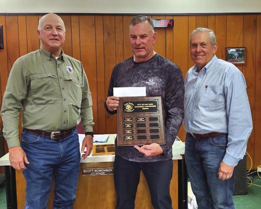Chief Steven Newkirk was awarded the Supervisor of the Quarter award for the first quarter, 2025. His name was engraved on a dedicated plaque, and he was given a gift certificate to a local restaurant. Taking part in the ceremony were City Manager Scott Edmonson (left) and Mayor Ken Jordan (right).