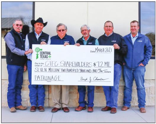 Central Texas Farm Credit Board of Directors, from left to right are Philip Hinds, Kenneth Harvick, Burl Lowery, Mike Finlay, Steven Lehrmann and Robby Halfmann.