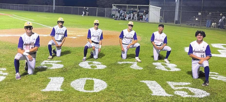 The six seniors from the San Saba High School varsity baseball team pose on Tuesday, April 26th, following the Dillos’ 7-4 win at home vs. Harper High School. From left to right: Wesley Lackey, Reagan Mejia, Drake Bryant, Weston Oliver, Franco Franco, and Adan Huron. (Photo courtesy of San Saba All-Sports Booster Club)