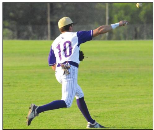 San Saba High School varsity baseball senior third baseman Wesley Lackey makes a strong throw to the infield on Tuesday, April 26th, during the Dillos’ 7-4 victory at home vs. Harper High School. Photos by Rita Boultinghouse