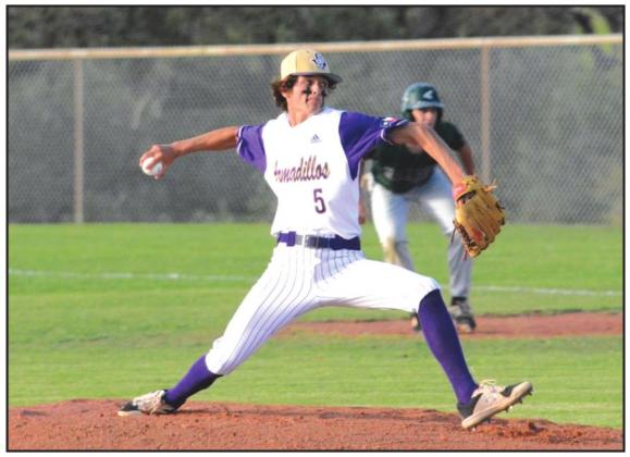 San Saba High School varsity baseball senior pitcher Reagan Mejia winds up and hurls a pitch for a strike on Tuesday, April 26th, during the Dillos’ 7-4 victory at home vs. Harper High School.