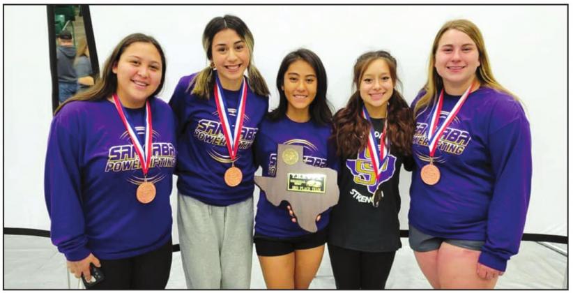 Members of the San Saba girls varsity powerlifting team happily pose together at the Regional Meet at Dublin High School on Thursday, March 3rd, after five Lady Dillos qualified for the upcoming State Meet. From left to right: Carolina Cervantes, Leslie Aguirre, Natalie Cuevas, Makinzey Saldivar, and Austyn Graham. (Photo courtesy of San Saba All-Sports Booster Club)