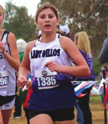San Saba High School girls varsity cross country runner Jadeah Lambert competes on Nov. 24, 2020, as a junior during the Class 2A state championship meet held at Old Settlers Park in Round Rock. Photo by Martelle Luedecke (Luedecke Photography)