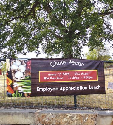 Chase Pecan Employee Appreciation Lunch sign at the entrance to Mill Pond Park