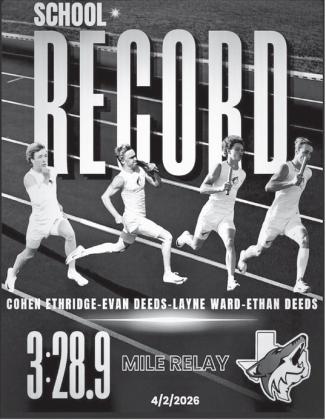 We would like to congratulate these four boys on breaking the school record in the Mile Relay today (April 2)! Cohen Ethridge, Evan Deeds, Layne Ward, and Ethan Deeds- 3:28.9. If you haven’t made it to a track meet to watch your Richland Spring Coyotes and Lady Coyotes-make arrangements!! This isn’t the only record that has been broken! These kids are pretty amazing and would love your support! Courtesy of Richland Springs Coyote Booster Club