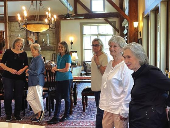 (L-R) Joanne Weik, Gale Ivy, Barbara Fowler, Mary Margaret Moorhead, Gail Bruner, and Kay Nettleship enjoy hearing the history of the Scheffe bar n house.