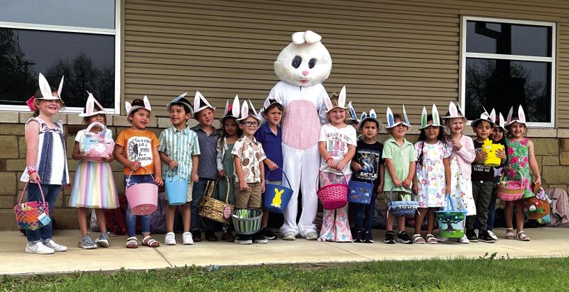 Mrs. Cooper’s PK4 class celebrated Easter 2025 with the Easter Bunny and egg hunt followed by a picnic-style snacks last Thursday, April 17th. Left to Right: Hadley Valdez, Paityn Gonzales, Angela Mendoza, Mateo Ramos, Bridger Craft, Elisabeth Rodriguez, Maverick Gage, Cole Tharp, Easter Bunny, Huntleigh Bohannon, Elliot Green (partially hidden), Diego Plata, Holden Henslee, Layla Landeros, Kallie McKinnerney, Christian Estrada, Alexa Ortiz and Lila Morgan. Photo courtesy of Mrs. Cooper