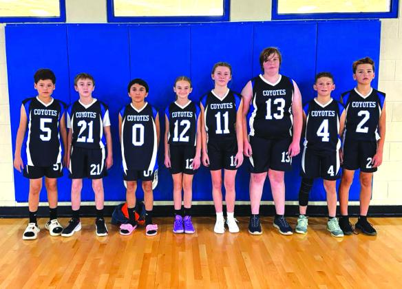 Richland Springs 5/6 grade basketball team (L-R): Anthony Palacio, Foster Locker, George Gross, Bexley Barclift, Reese Eckert, William Oldham, Bowen Teel, and Kevin Cervantes. Team Coaches are Kendra Oldham and Keri Stuart. Courtesy of Kendra Oldham