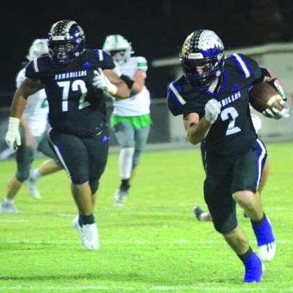 San Saba’s Ethan Gonzales #2 scampers down the sideline in last Friday night's game against Bangs. Pictures courtesy of Rita Boultinghouse