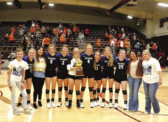 RS Girls Volleyball played against Gustine at Brownwood on November 1, 2022. The girls won in 3-2 sets making them Bi-District Champs. Team picture: Joyslynn Mask- Manager, Maggie Bryant, Coach Chandler, MacKenzie Schuessler, Ryleigh Bryant, Jaylen Ethridge, Raegan Wright, Rylie Eckert, Lili Appleton, Calyn Kubin, Coach Martin, and Jadyn Fleming, Manager See page 12 for more pictures from the game against Gustine.