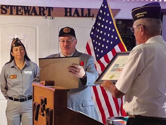 Pictured R-L are Ross J. Cox, Sr. (lst Lt. SCV Camp Commander), Michael Oliver (SCV Camp Commander), and Maria Gonzalez (VFW Post 8539 Commander.