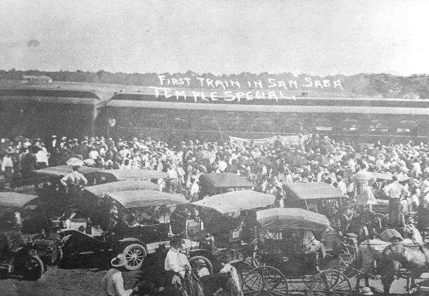 FIRST TRAIN––This photo, which was taken some time in 1910 in San Saba County, was also submitted by Ray E. Graves. The photo was sent as a postcard to relatives of Mr. Graves back in 1911. According to the message printed on the picture, this was the first train to come through San Saba.