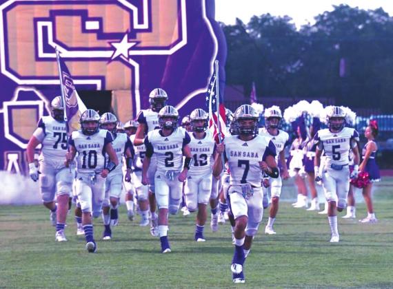 The San Saba High School varsity football team takes the field on October 22, 2021, prior to the Dillos' dominant 45-14 victory on the road against district foe De Leon High School. (Photo by Rita Boultinghouse)
