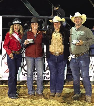 Lampasas County Team Roper Winners L-R: Miss Diamondback Jubilee Rodeo Queen Karlee Parker, Header Saige Johnson, and Heeler Willie Moreland. Also pictured is Melissa Davis Sponsored By Capital Farm Credit - San Saba