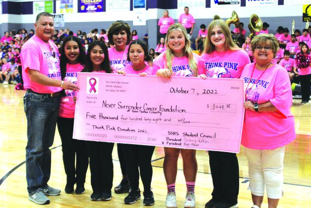 Pictured are (left to right): Silvestre Barco, Never Surrender Member; Kristi Macias, SSHS Student Council Vice President; Natalie Cuevas, SSHS Student Council Treasurer; Dora Miller, Never Surrender Member; Leia Kilman, SSHS Student Council Secretary; Caroline McHam, SSHS Student Council Reporter; Delaney Ellis, SSHS Student Council President; and Never Surrender Board President Donna Shahan. Photo by Deanne Cromer