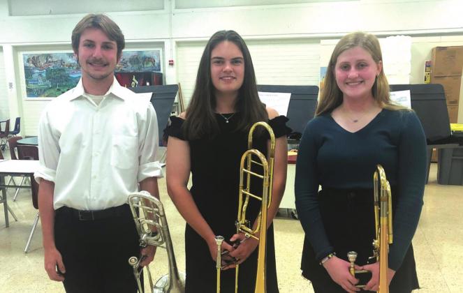 Trombone Trio members are: John Meador, Sarah Saint, and Delaney Ellis.