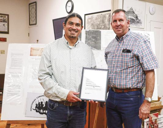 Tribal Chairman Forrest Tahdooahnippah and Goldthwaite Mayor J. Wilson presenting declaration of Forrest Tahdooahnippah Day Courtesy of James Taylor