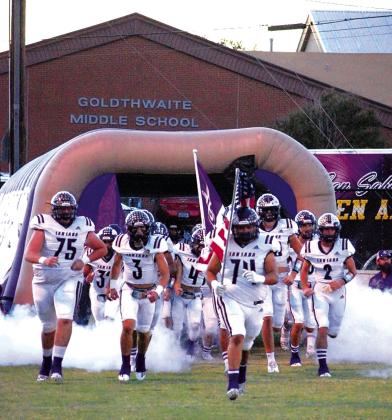 Dillos running out onto the field before the game against the Goldthwaite Eagles. San Saba Dillos won the exciting game with 41-12 results. Photo courtesy of Brendon Morris