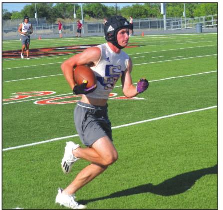San Saba High School varsity football senior wide receiver Tyler Johnson gains yardage after the catch on Monday, June 20th, during the Dillos’ 7-on-7 summer scrimmage vs. Mason High School at Jacket Stadium in Llano. (Photo by Andrew Salmi)