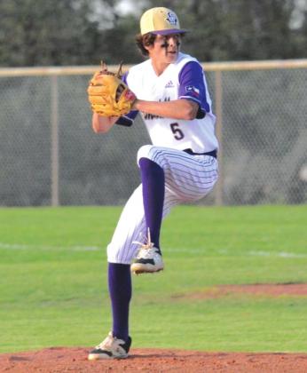 San Saba High School varsity baseball senior Reagan Mejia winds up and delivers a pitch on Tuesday, April 26th, during the Dillos’ 7-4 victory at home vs. Harper High School. (Photo by Rita Boultinghouse)