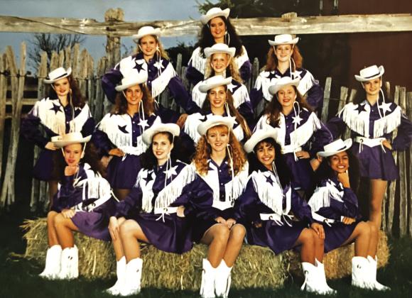 Drill Team that danced at half time of Dallas Cowboys game in 1994 (l-r) - Top Row: Stephanie Ellis, Kari Sloan, Misty Hyatt with Kristie Clark in front of Kari Sloan. 2nd Row: Mandy Lebow, Kim Stewart, Anne Theodosis, Mindy Riggs, and Kyla Byrd. 3rd Row: Dana Baxter, Crissy McPherson, Shele Sanderson, Michele Menchaca, and Jessica Jimenez. Courtesy of Patsy Hall