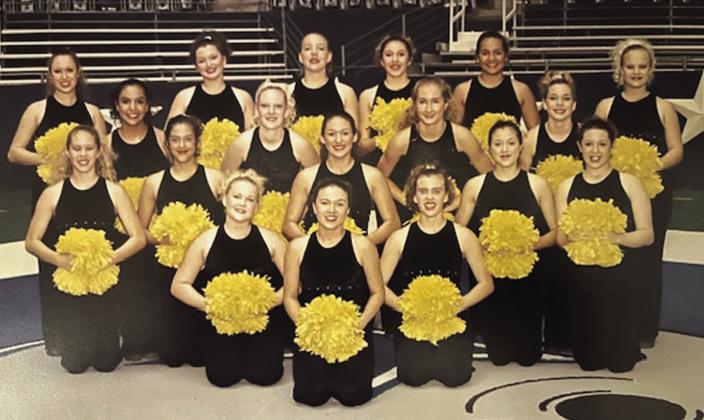 Dilloettes of 2000 at the competition at Cowboy stadium (l-r) - Top Row: Brandy Amthor, Diana Calderon, Dana Owen, Christina Cisneroz, Heather Lowe, and Sammi Phillips. 2nd Row: Monica Garza, Heather Sanderson, Brandi Blossman, and Meredith Martin. 3rd Row: Lindsey Barnett, Ashley Buchberg, Mandy Miller, Lisa Buchberg, and Jacquelyn Vaughn. Front Row: Colleen Bonner, Lauren Beaver, and Stephanie Stewardson. Courtesy of Patsy Hall