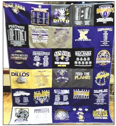 A true one-of-a-kind item! This quilt was custom made by San Saba’s very own Tonia Pierce. The quilt squares are made from t-shirts sold by the Boosters throughout the 2021-2022 athletic year.