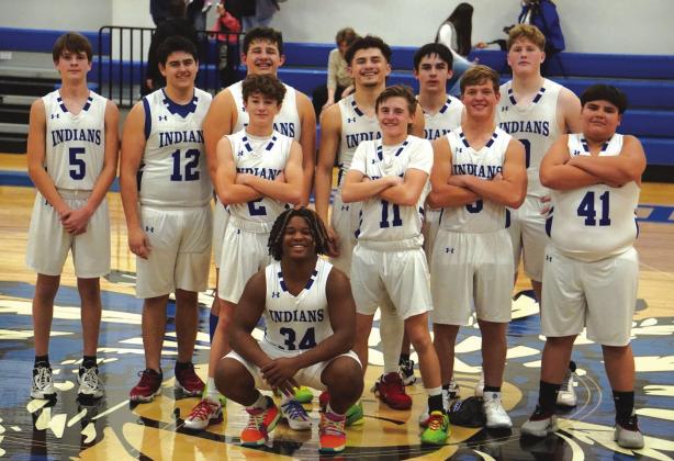 Indians ~ Left to right - Standing back row:  Jaxon White, Robert Bench, Uriah Valdez, Joel Valdez, Preston Hanley, and Franky Penney. Standing middle row: Robert Sawyer, Weston Woolsey, Tatum Shanklin, and Rayden Cossey. Front: CJ Miller.