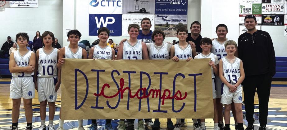 Junior High Indians ~ District Champs: Knox Williams, Seth Darrow, Mason Rogers, Kyson Shanklin, Caden White, Coach White, Remi Neyland, Rein Hooten, Coach Moss, Jax Williams, Bentley Watson, Bentley Morris, and Coach Martin Submitted by Kari Owen