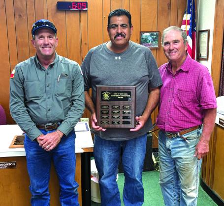 Luis Rios was chosen as the Supervisor of the Second Quarter 2026. Luis Rios has served the city since 2004. He is a licensed “CDL” driver and oversees his department’s tar distribution, asphalt zipping, motor grader, and backhoe operations. Luis was awarded a dedicated plaque with his name on it as well as a gift certificate to a local restaurant. Taking part in the presentation were Alderman Robert Whitten (left) and Luis’ supervisor, Chris Stewart (right). Courtesy of Scott Glaze