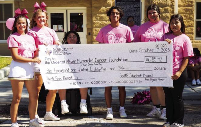 San Saba High School Student Council officers presented a check to Never Surrender Cancer Foundation of San Saba County. Pictured from left are: President Alyssia Torres, Secretary Bryli Edmondson, Vice President Camila Patino, Reporter Kevin Aguilera, Historian Sabrina Dozier, and Treasurer Ximena Cuevas. Photo by Kayti Lackey