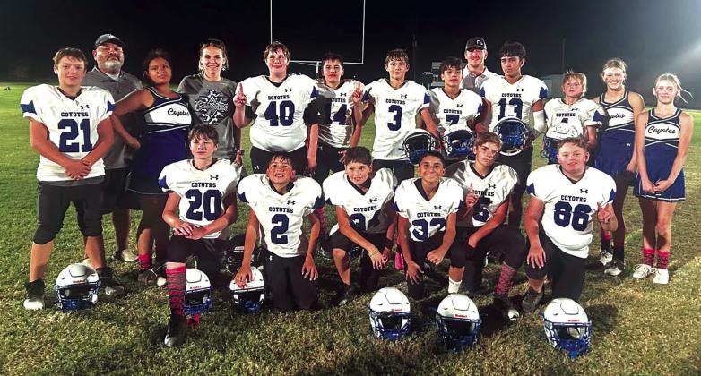 Richland Springs JH Coyotes with the come from behind WIN over Panther Creek Thursday Night 42-38. Pictured: #21 Cutler Gray, Coach Aviles, Ayleen Aviles, Cheer Sponsor - Courtney Roberson, #40 William Oldham, #14 Angel Cervantes, #3 Joseph Usery, #7 Andrew Woerndell, Coach James, #13 Edgar Flores, #1 Conner Greenwood, Brinlyn Mann, Reese Eckert, #20 Kayden Pierce, #2 Kevin Cervantes, #34 Anthony Palacio, #33 George Gross, #5 Ryan Waddle, and #86 Ryver Phelan Courtesy of Richland Springs Coyote Booster Club