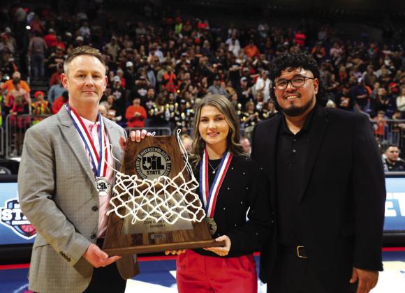 Lady Dillos' Coaches:  Head Coach Robert Gray, Asst. Coach Marki Kinikade, and SS Athletics Director Andreas Aguirre holding the 2025 2A Division 1 State Runners-uptrophy