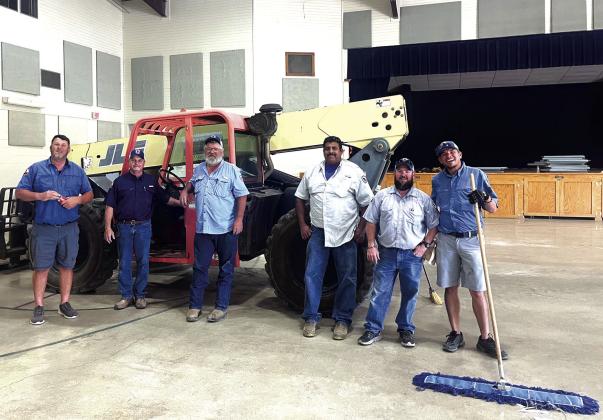 The sound pads and the old installation from the roof of the Civic Center is being removed. New spray on foam will be put in place for better insulation. Sky Trak was loaned to the City free of charge by James Burkett. Pictured (l-r): Eugene Bessent, Paul Stewart, Darrel Lackey, Luis Rios, John Whitney, and Kolby Reavis Courtesy of Scott Glaze, San Saba Public Works Director