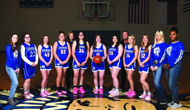 Cherokee High School Varsity Girls Basketball team (left to right): Theresa Turner, Susan Lane, Preslee Duggan, Lily Graves, Samantha Oestreich, Tilar Turman, Ella Graves, Taylor Randolph, Hannah Sims, Mae Hardin, Summer Davis. Head Coach: Rebecca Sharkey, Assistant Coach: Kallie Johanson Lady Indians played Oglesby @ Evant on Tuesday February 17th@ 7:00 PM for the first round of playoffs after press time. Courtesy of Kaylee Steckbeck