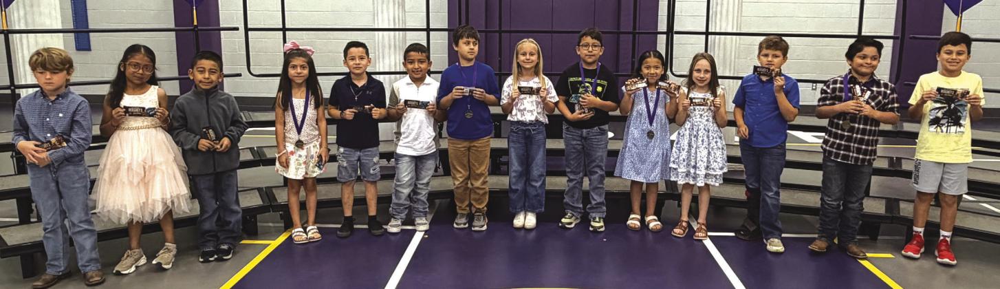 SSES First Grade Students with perfect attendance for the 4th 9-Weeks (L-R) Reagan Anderson, Kimberly Crisanto, Ivan Espinosa-Palacios, *Ashley Estrada, Daniel Estrada, Leonel Gonzalez, *Kallum Highes, Ellisyn Johnson, *Luis Luna Tapia, *Yaretzi Mendoza, Lily Pierce, Easton Sanderson, *Adriel Servin, Jett Smith