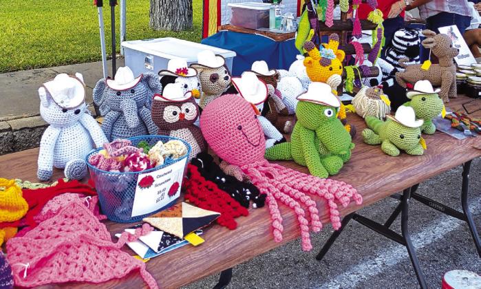 Crocheted items are one of Trigger Mountain Designs new items displayed at Pecan Capital Trade Days last Saturday.