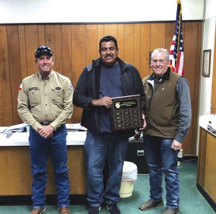 Supervisor of the First Quarter was awarded to Street Department Supervisor Luis Rios. Participating in the presentation were Public Works Supervisor Scott Glaze to Luis' right and Mayor Ken Jordan to his left. Photo submitted by Sabrina Maultsby
