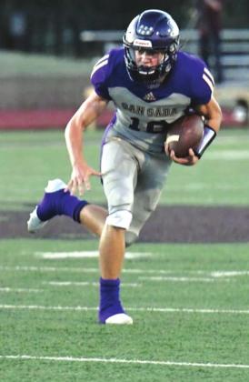San Saba High School varsity football junior running back Wesley Lackey (10) gains yardage on October 9, 2020, during the Dillos' 64-6 blowout victory over District rival Goldthwaite High School at neutral site, Gordon Wood Stadium in Brownwood. (Photo Courtesy of Rita Boultinghouse)