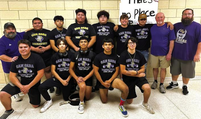 Regional Qualifiers for San Saba Powerlifting: (back row L-R) Coach Prew, Ethan Landeros, Fabien Salinas, Christian Ramirez (1st), Juan Lopez, Everett Eidson (5th), Zuriel Herrera (3rd), Coaches Bryant and Coach Rogers Front row – Jancsi Cuevas, Acey Mask (5th), Justin Hernandez, Julias Salinas (5th) Rayland Saucillo Photo courtesy of SS Coaches