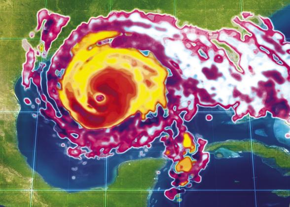 Infrared satellite image of past hurricane off gulf coast of Texas.