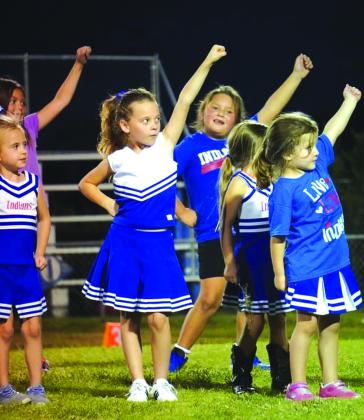 Mini cheerleaders who performed during halftime at the Cherokee Junior High game, Thursday, September 29th. Pictured above: Brylee Watson, Cara Sue Broyles, Addelyn Merriman, Phoebe Valdez, Kenna Fry, and Paxley Weeks. Photo by Valerie Valdez