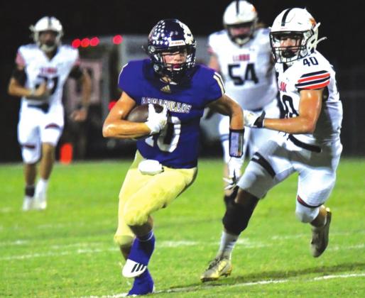San Saba High School varsity football senior running back, Wesley Lackey (10), runs the ball on Friday, September 17th, during the Dillos’ 48-18 loss to Llano High School at Rogan Field.