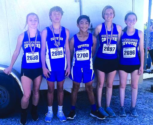 Richland Springs Junior High Cross Country Team attended their district meet in Lometa on Wednesday, October 5th. L to R: Raegan Eckert (placed 1st), Cohen Ethridge (placed 4th), Ian McKinnerney (placed 12th), Kasedee Daly (placed 4th), and Kinzley Daly (placed 14th). Photo by Pam Starr